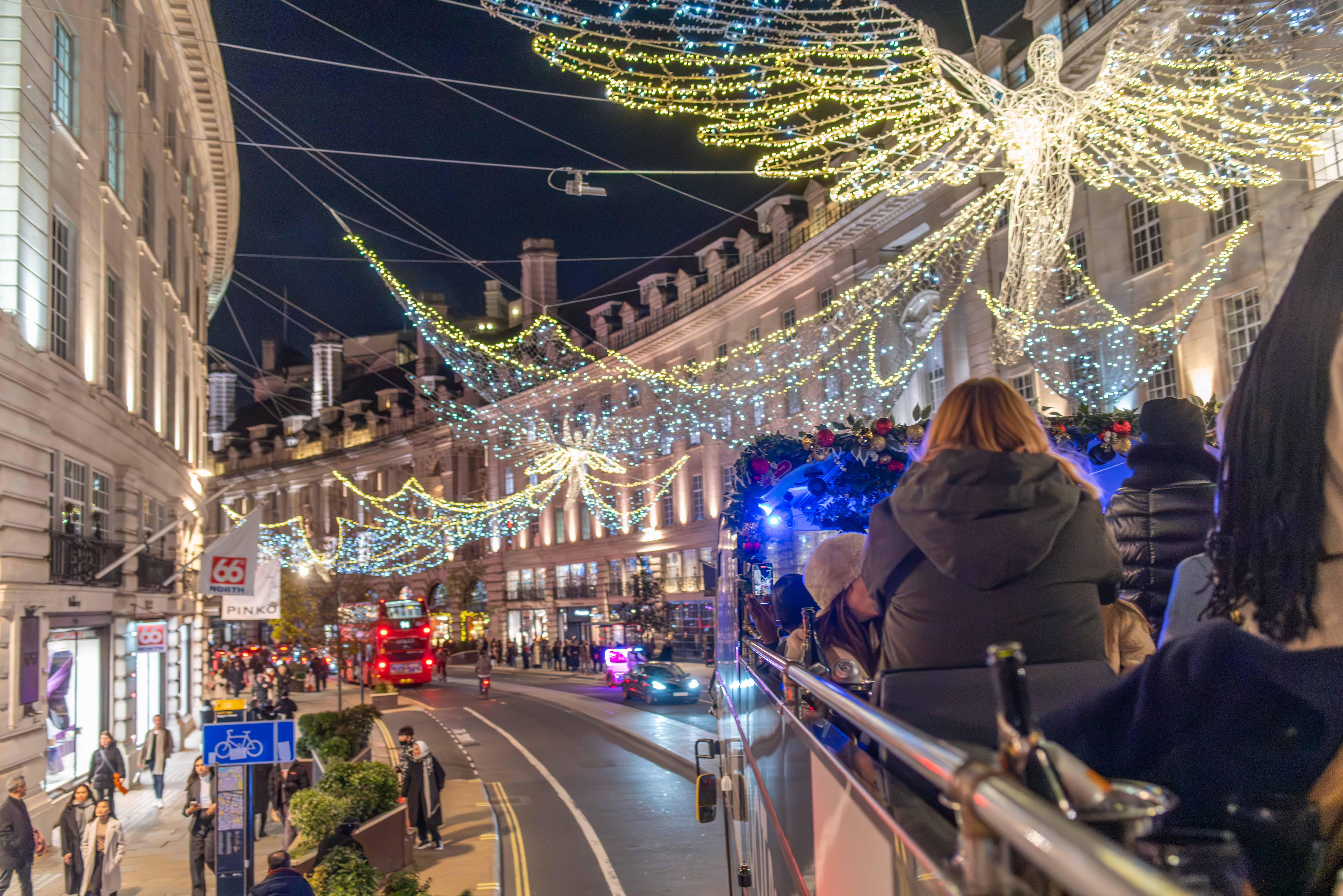 Bar Bus at Christmas under the Regent Street Christmas angels 