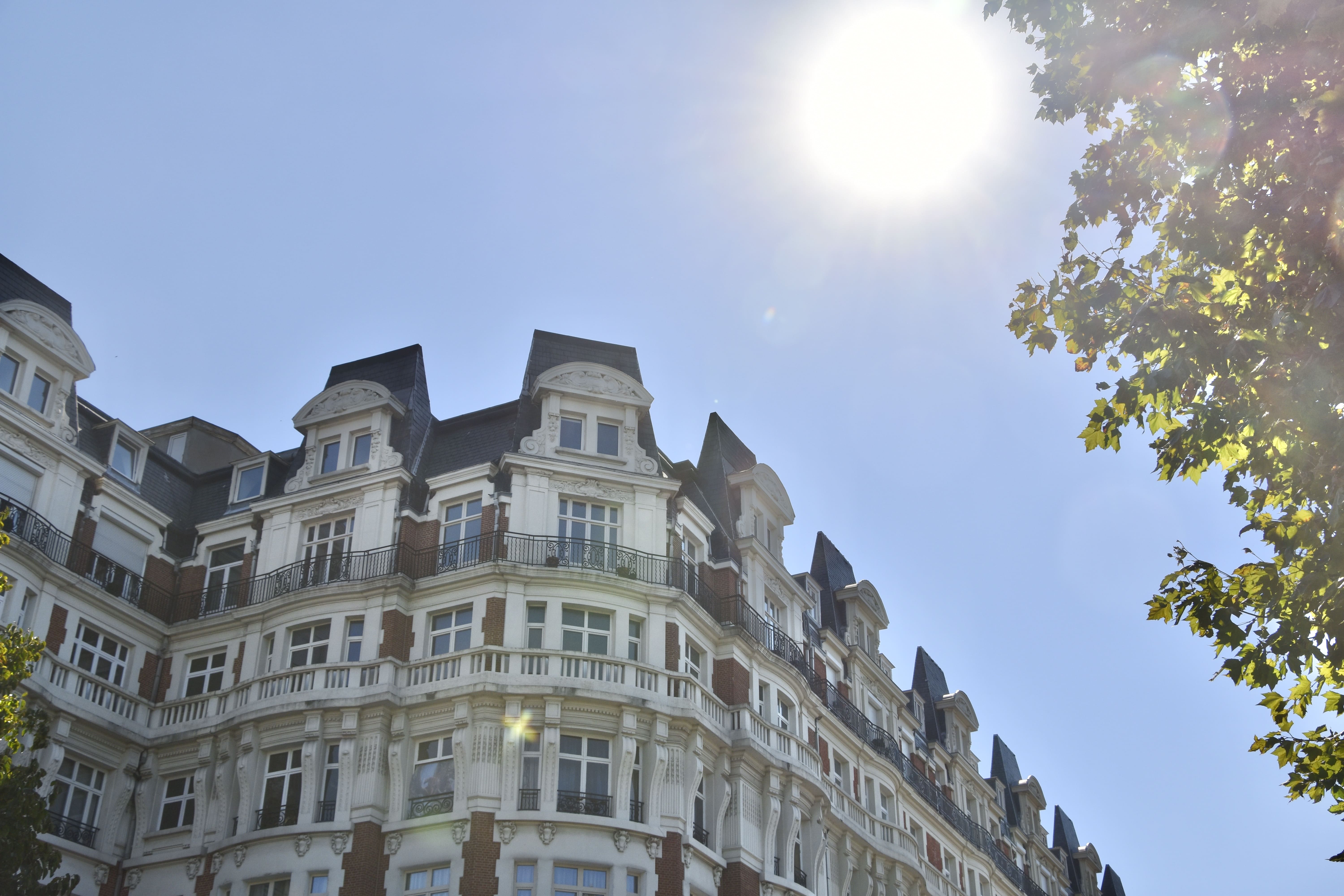 La fachada de estilo Haussmann de un edificio clásico de ladrillo y piedra blanca en Bruselas, fotografiada desde un ángulo bajo bajo un sol radiante y un cielo azul despejado con algunas hojas de árboles.