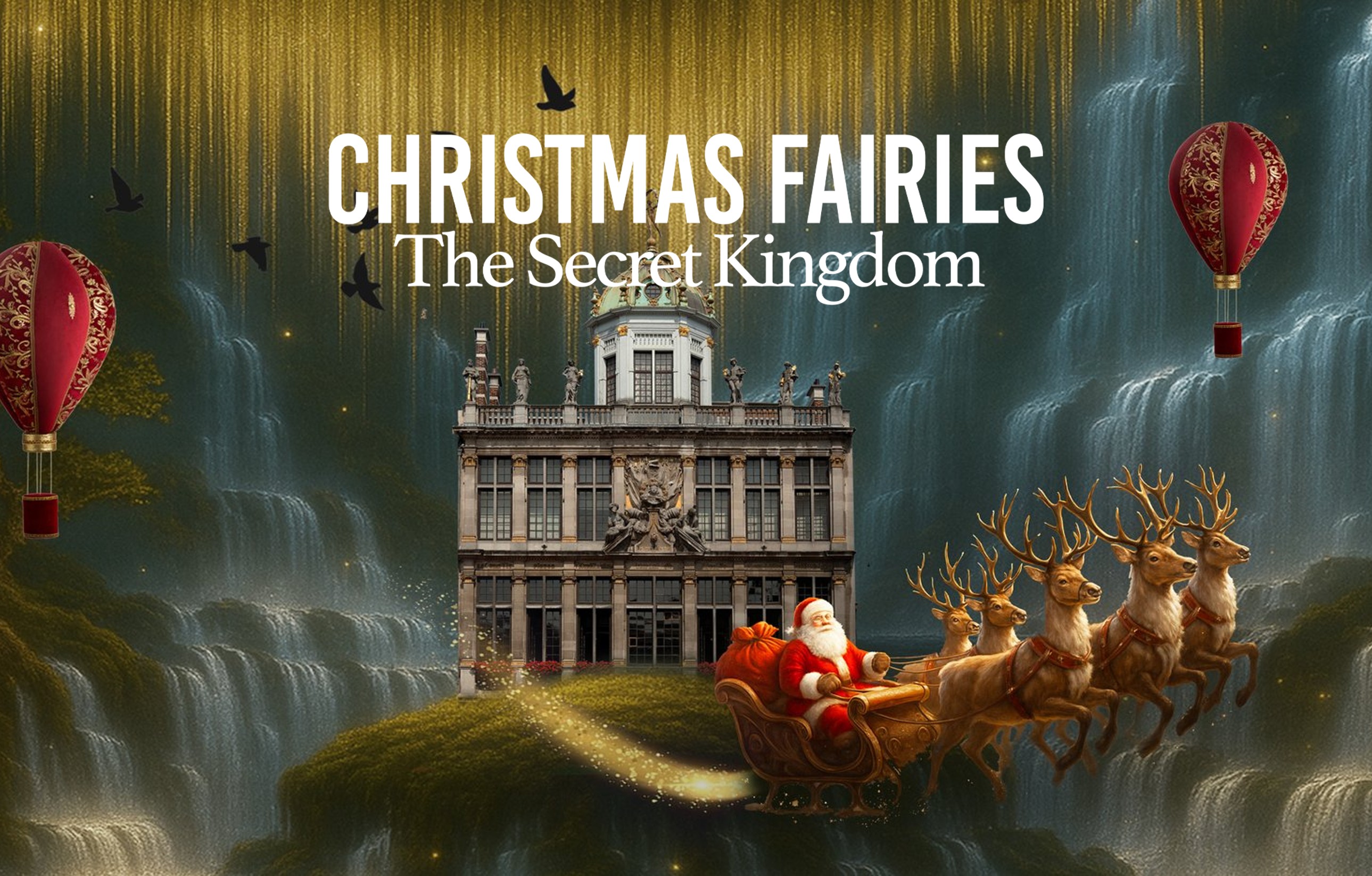 Fantasieposter voor "Christmas Fairies: The Secret Kingdom" waarop de kerstman in zijn slee getrokken door rendieren te zien is voor het Broodhuis in Brussel, te midden van magische watervallen en luchtballonnen.
