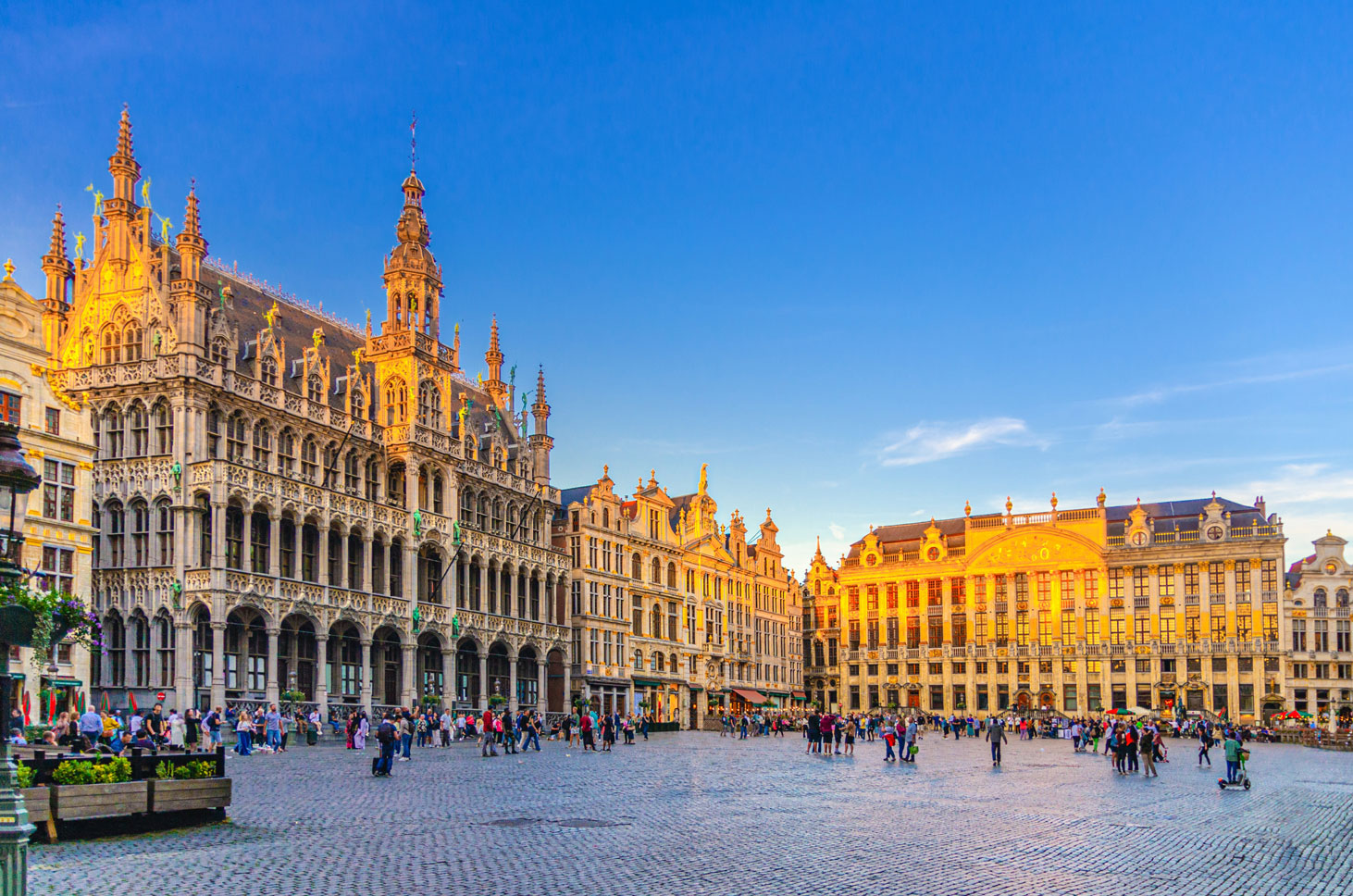 Panoramisch uitzicht op de Grote Markt in Brussel in de avondschemering met het verlichte Broodhuis aan de linkerkant, gildehuizen en wandelaars op het kasseienplein.