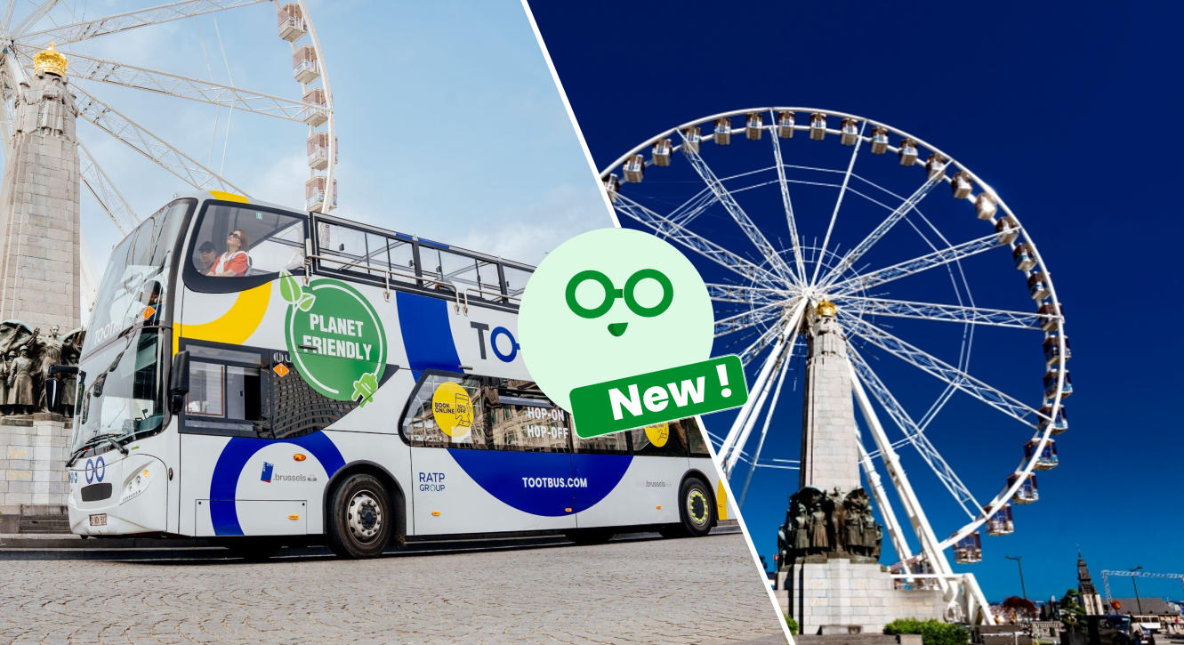 Promotional photo collage featuring a planet-friendly Tootbus Brussels on the left and a large Ferris wheel under a deep blue sky on the right, with a green "New AI Guide!" badge.