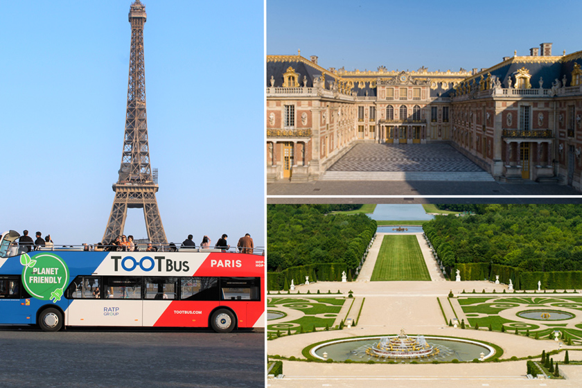 Composite image showing a Tootbus tourist bus by the Eiffel Tower on the left, the main courtyard of the Palace of Versailles on the top right, and a view of the Versailles gardens and fountains on the bottom right.