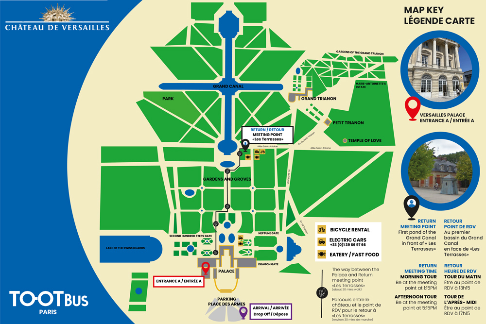 Un mapa turístico de Tootbus del Dominio de Versalles que indica la ruta a pie, la entrada del Palacio y el punto de encuentro para el regreso cerca del Gran Canal.