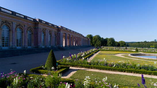 La façade en marbre rose du Grand Trianon et ses parterres de fleurs géométriques dans le domaine du Château de Versailles.