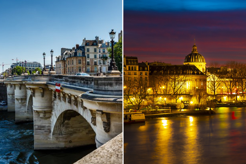 Split image showing on the left the Pont Neuf in Paris during the day and on the right the illuminated Institut de France at night reflecting on the Seine river.