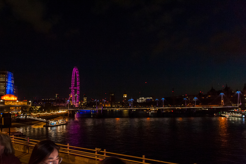 Vue panoramique nocturne de Londres depuis un bus décapotable, montrant la Tamise, le London Eye illuminé en rose et le pont de Waterloo sous un ciel sombre.