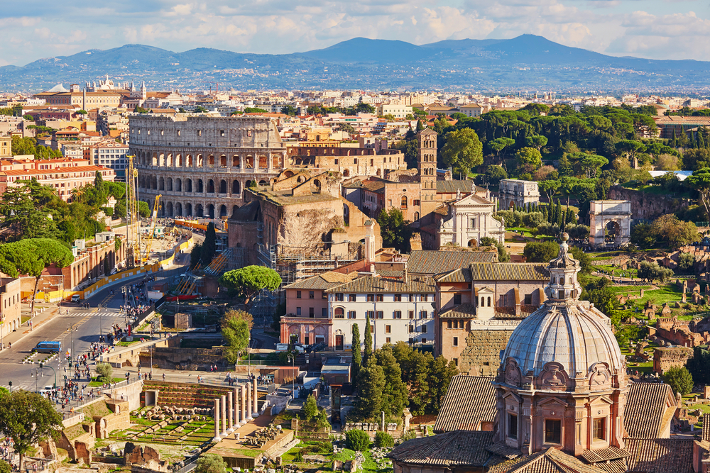 Panoramic view of the Colosseum and Roman Forum