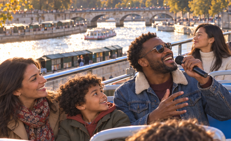 Une famille profite d'une visite guidée en bus à impériale à Paris, avec un guide qui chante au micro le long de la Seine au coucher du soleil.