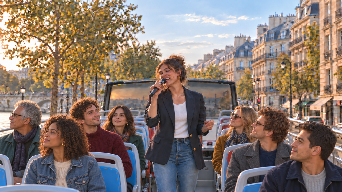 Une guide chante pour les passagers sur le pont supérieur d'un bus touristique à toit ouvert à Paris, créant une ambiance joyeuse et animée.