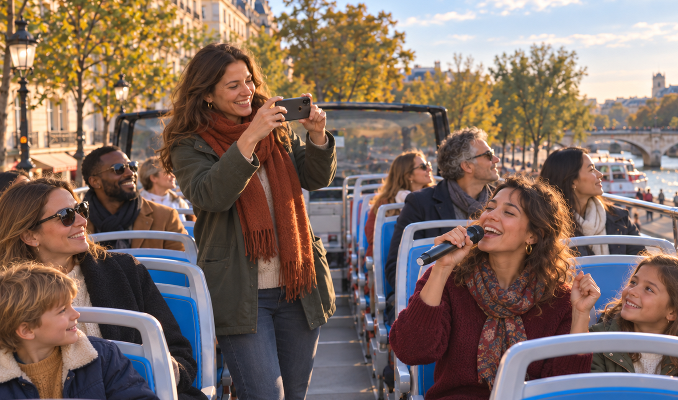 Un groupe de touristes souriants sur le pont supérieur d'un bus à Paris, avec une guide qui chante et une femme prenant une photo.