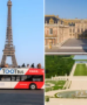 Photo collage showing a Tootbus double-decker bus in front of the Eiffel Tower on the left, the golden facade of the Palace of Versailles on the top right, and the Versailles gardens viewed from above on the bottom right.